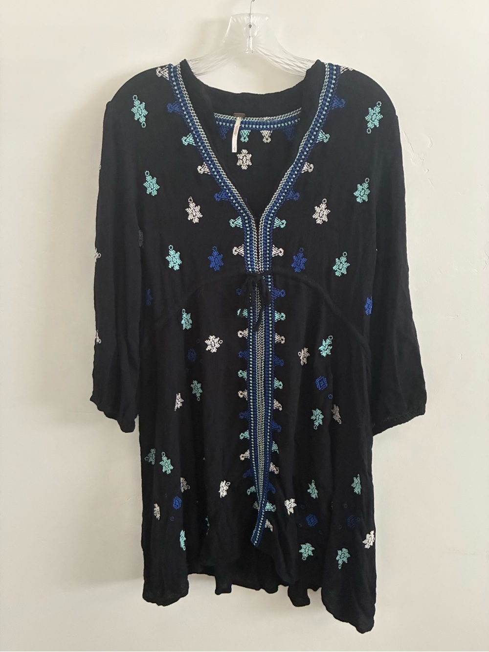 Free people Black Embroidered V-Neck Women's Top with Blue Accents